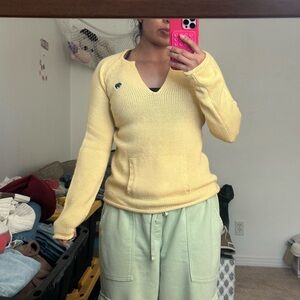 Energie Pale Yellow V‑Neck Knit Sweater with Front Pocket